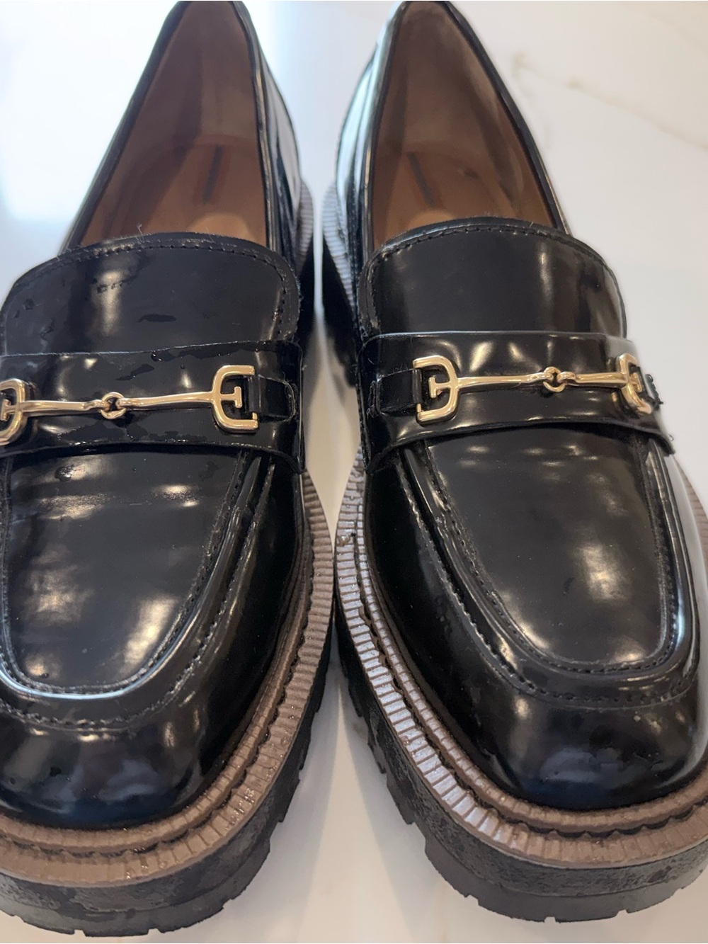 Sam Edelman Black Patent Loafers with Gold Bit and Lug Sole - Picture 5 of 5